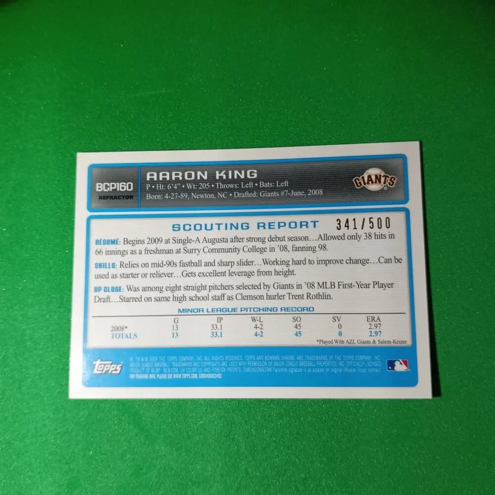 Aaron King  #BCP160 Topps 1st Bowman Chrome Refractor 2009 SSP #/500